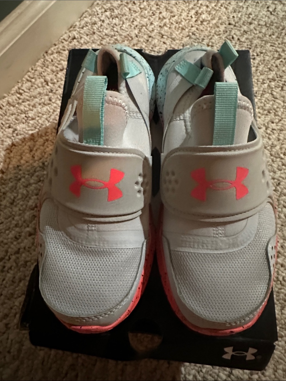 Under Armour White Sneakers with Mint Pull Tabs and Coral Accents